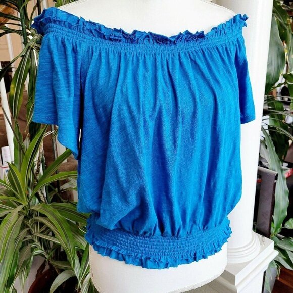 INC International Concepts Cotton Smocked Off Shoulder Peasant Top Sz Small Blue - Picture 1 of 7